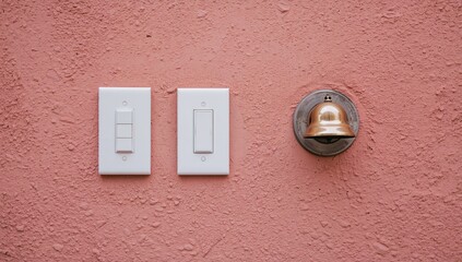 Three wall-mounted light switches and a doorbell on a textured pink exterior wall.