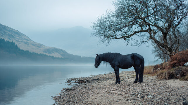 Black horse stands by a misty lake under a bare tree in a serene landscape