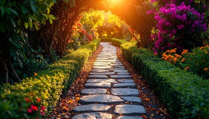 Walking the Garden Path at Sunset with Lush Greenery and Flowers