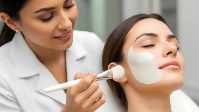 Aesthetician carefully applying a hydrating white facial mask to a serene client's cheekbone with a professional brush, promoting skin rejuvenation. Close-up professional treatment.