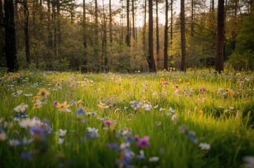 Fototapeta premium Lovely natural grass and flowers backdrop