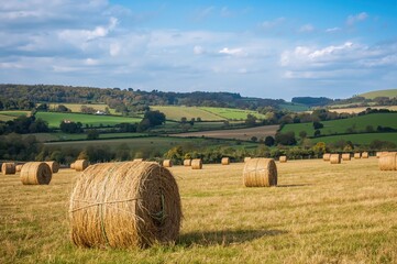 Sunlit afternoon with cylindrical hay stacks wrapped for preservation, set against vibrant green fields, vertical shot