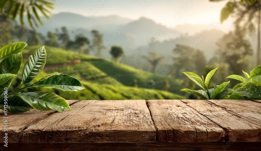 Poster wooden table with a view of a lush green field. the table is surrounded by trees and mountains in th