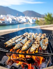 Grilled fish on an outdoor grill, scenic view