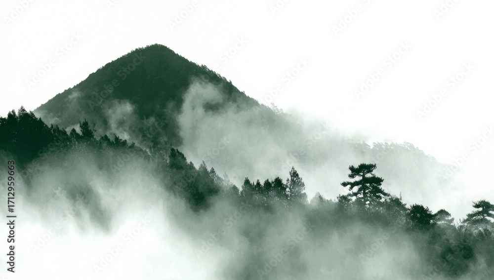 Poster mountain range covered in fog and trees. the trees are tall and the sky is cloudy