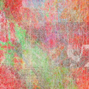 Pale pastel fields blend mauve, peach, lavender and icy blue into soft translucent layers. Fine vertical striations ripple like woven cloth, while faint rectangular grids recede beneath the surface.