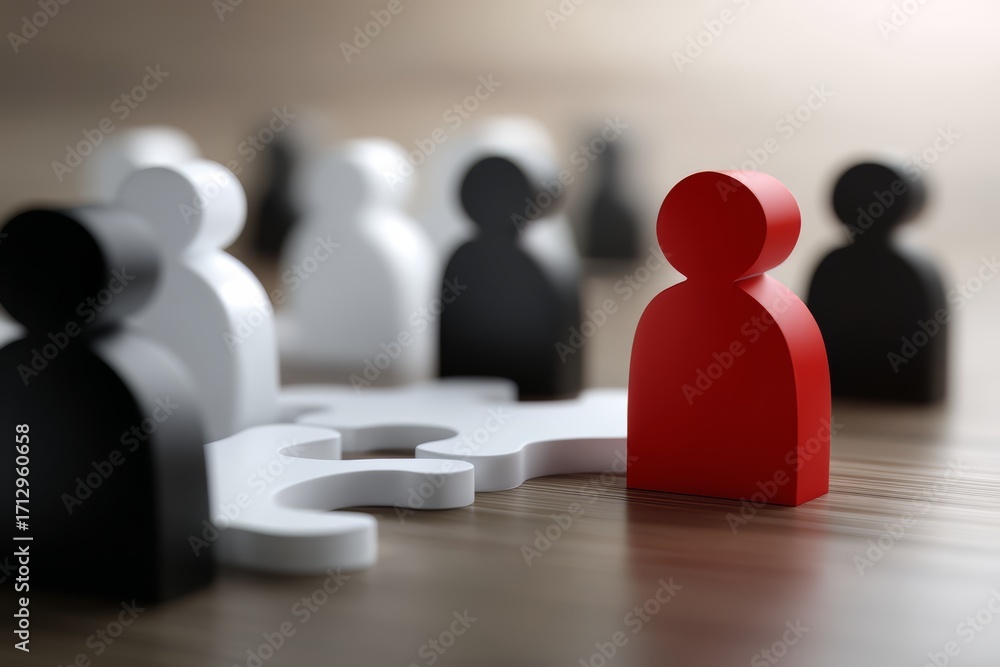 Poster red figure stands out in a group of white and black figures. the red figure is the only one that is 