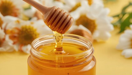 Glass bowl filled with fresh floral honey and a wooden stick dipped inside, dripping organic honey against a yellow backdrop with flowers
