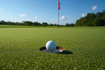 Golf ball resting in the cup on the green
