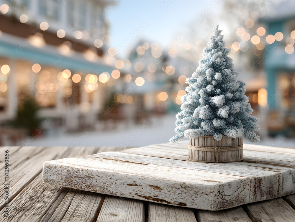 Aufkleber empty white table with christmas tree blurred background for product display