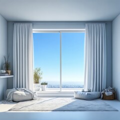 Obraz premium Room with a large window and white curtains. The curtains are open, letting in the sunlight and creating a bright