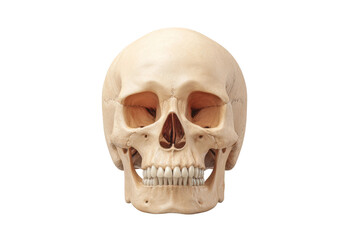 Fototapeta premium Front view of human skull with detailed teeth structure, cut out