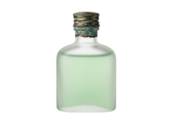 Antique squat frosted glass bottle with shimmering pale emerald liquid and oxidized brass cap, on transparent background with soft reflection, copy space, ancient botanical essence.
