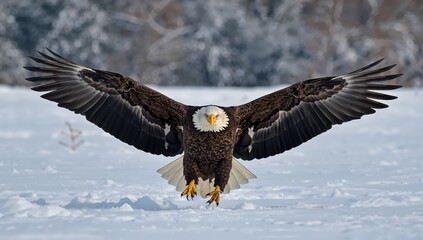 The eagle with a bald head touches down on snowy terrain, wings fully extended