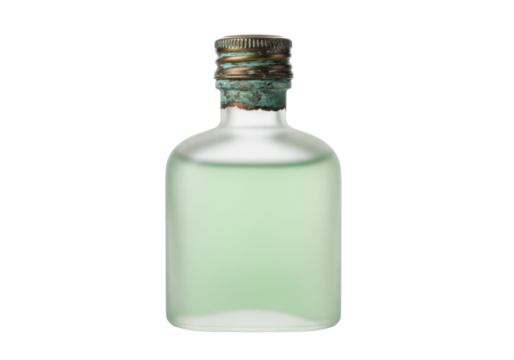 Antique squat frosted glass bottle with shimmering pale emerald liquid and oxidized brass cap, on transparent background with soft reflection, copy space, ancient botanical essence.