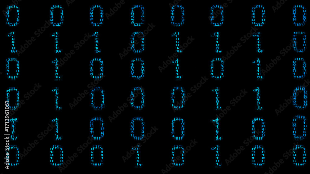 Poster series of blue numbers are displayed in a black background. the numbers are arranged in a grid