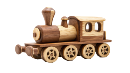 A wooden train engine with tiny wheels on a white background - png