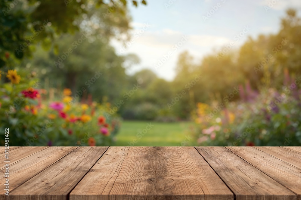 Aufkleber blurred garden setting with a table and empty space in focus