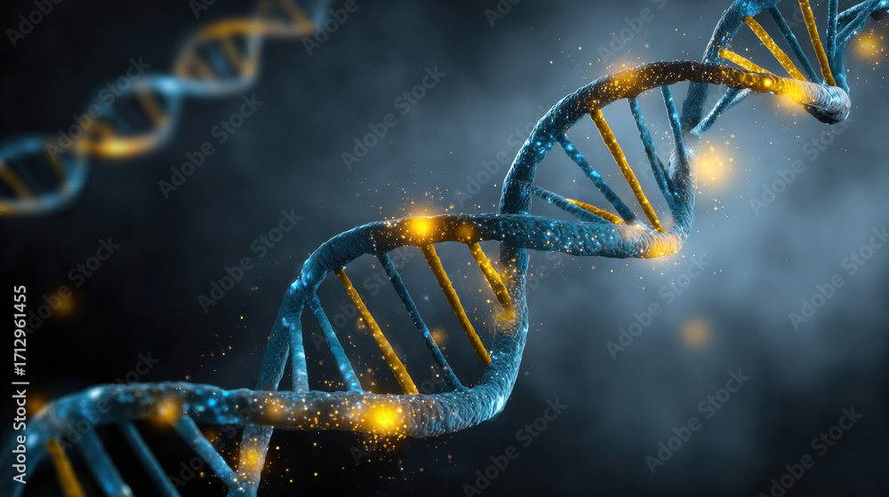 Poster dna structure illuminated with glowing particles in dark background