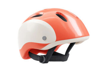 Fototapeta premium Red and white bicycle helmet with black straps on white background, cut out
