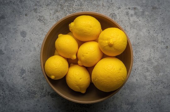 Overhead shot of a bowl filled with fresh ripe yellow citrus fruits