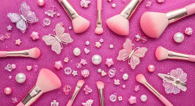 Pink glittery flatlay of brushes with butterfly hair clips and candy beads.