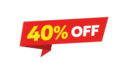 Red banner with forty percent off discount isolated on transparent background