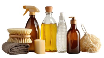 Cleaning supplies & bath products arranged