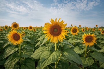 Obraz premium Bright Yellow Sunflowers Blooming on a Warm Summer Day