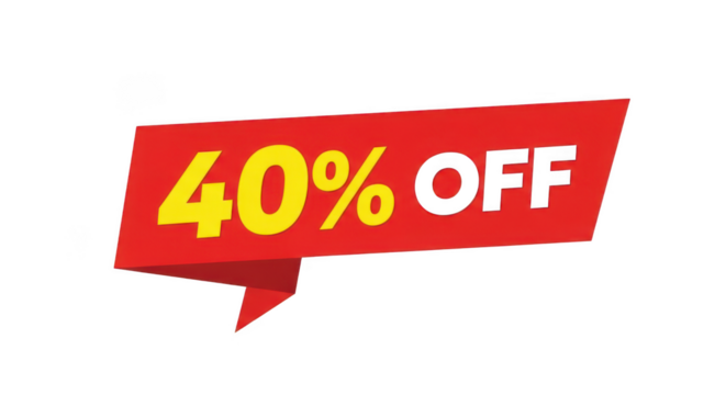 Red banner with forty percent off discount isolated on transparent background - Powered by Adobe