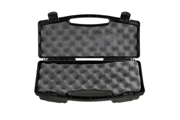 A high-angle view of an open empty black plastic hard case with foam padding, isolated on a clean white back