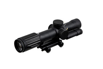 A high-angle view of a black rifle scope with turrets, isolated on a clean white back