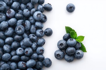 Pile of blueberries accompanied by green foliage on a white backdrop
