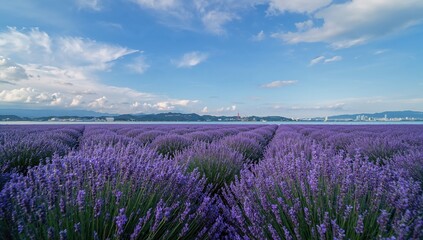 Purple lavender meadow beside a body of water