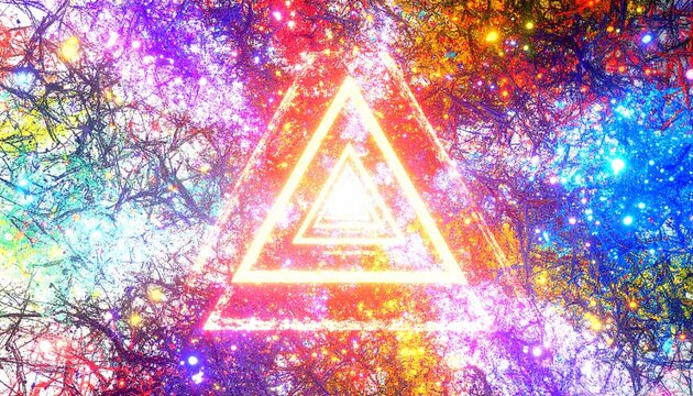 Vibrant, glowing triangles nested within a colorful, cosmic forest scene.
