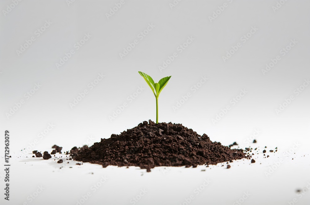 Poster a small green seedling growing in soil against a plain white background. created with ai generative 
