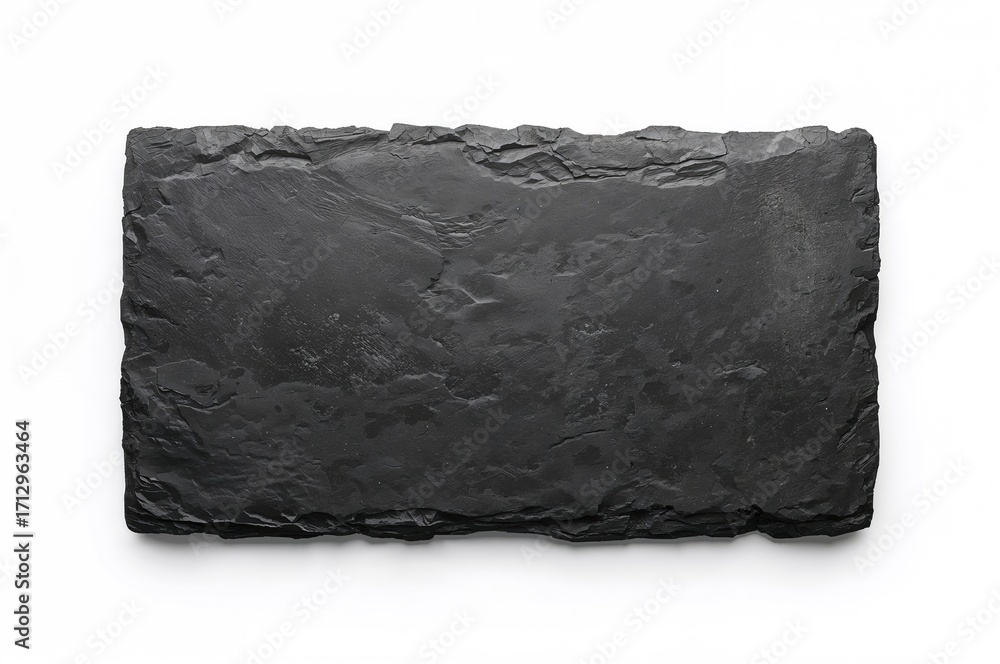 Poster overhead perspective of a rectangular slate stone slab with a rough texture, empty and isolated