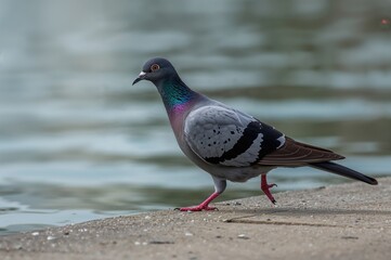 Obraz premium A dark dove strolling near water with a natural and urban backdrop