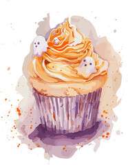 watercolor illustration of a Halloween cupcake with orange frosting, three tiny ghost decorations, and a purple-striped wrapper surrounded by artistic paint splashes.