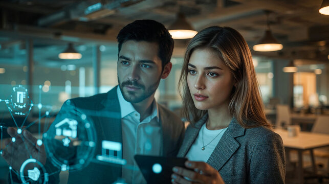 Two diverse professionals, one male and female, collaborating on a shared holographic display in modern open-plan office, both intently focused on glowing screen, teamwork, innovation, and futuristic 