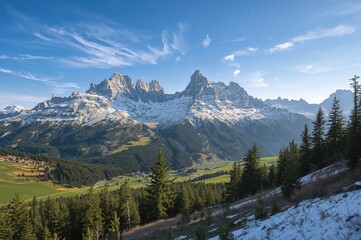 Fototapeta premium Early Spring Scene of Snow-Capped Mountain Range