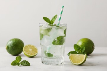 Fototapeta premium Refreshing iced beverage with mint and cucumber, healthy detox water on light background with copy space