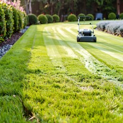 Lush green lawn being mowed by a machine