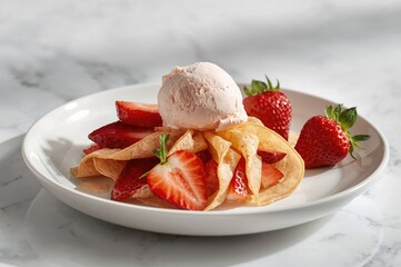 White plate holding a crepe dessert with strawberry ice cream