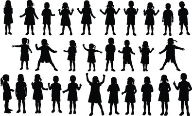 PrintChildren silhouette, kids pose, diverse gesture, black outline, playful movement, standing group, hairstyle variety, vector art, isolated figure, school theme