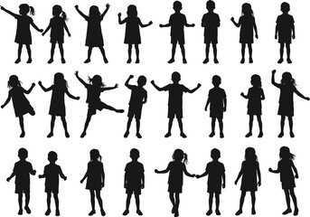 PrintChildren silhouette, kids pose, playful gesture, black outline, diverse movement, standing group, jumping child, vector art, isolated figure, school theme