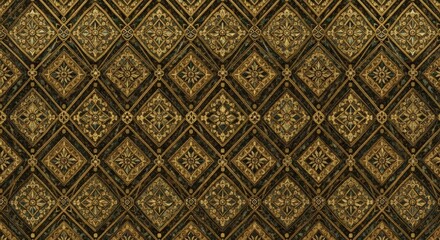 Intricate golden rhombus pattern on a dark background, showcasing detailed floral and geometric motifs.