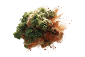Vibrant explosion of green and red powder with smoke and particles, cut out
