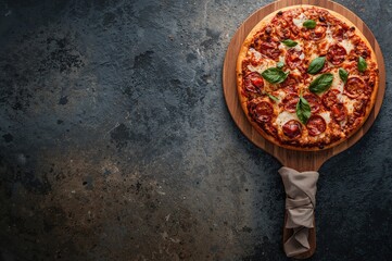 Stone tabletop with pizza cutting board and cloth napkin, flat lay with food recipe theme and copy space