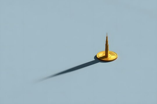 Golden push pin casting a shadow on a minimal light background, representing focus, precision, planning, and attention to detail in a symbolic artistic style.
